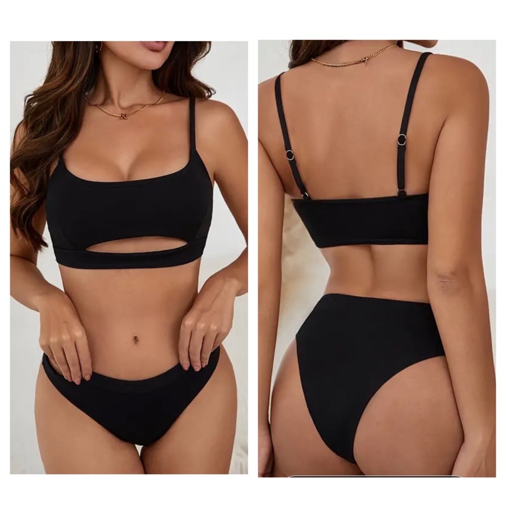2 Piece Solid Color High Cut Cut Out Cheeky Bikini Swimsuit -Size M